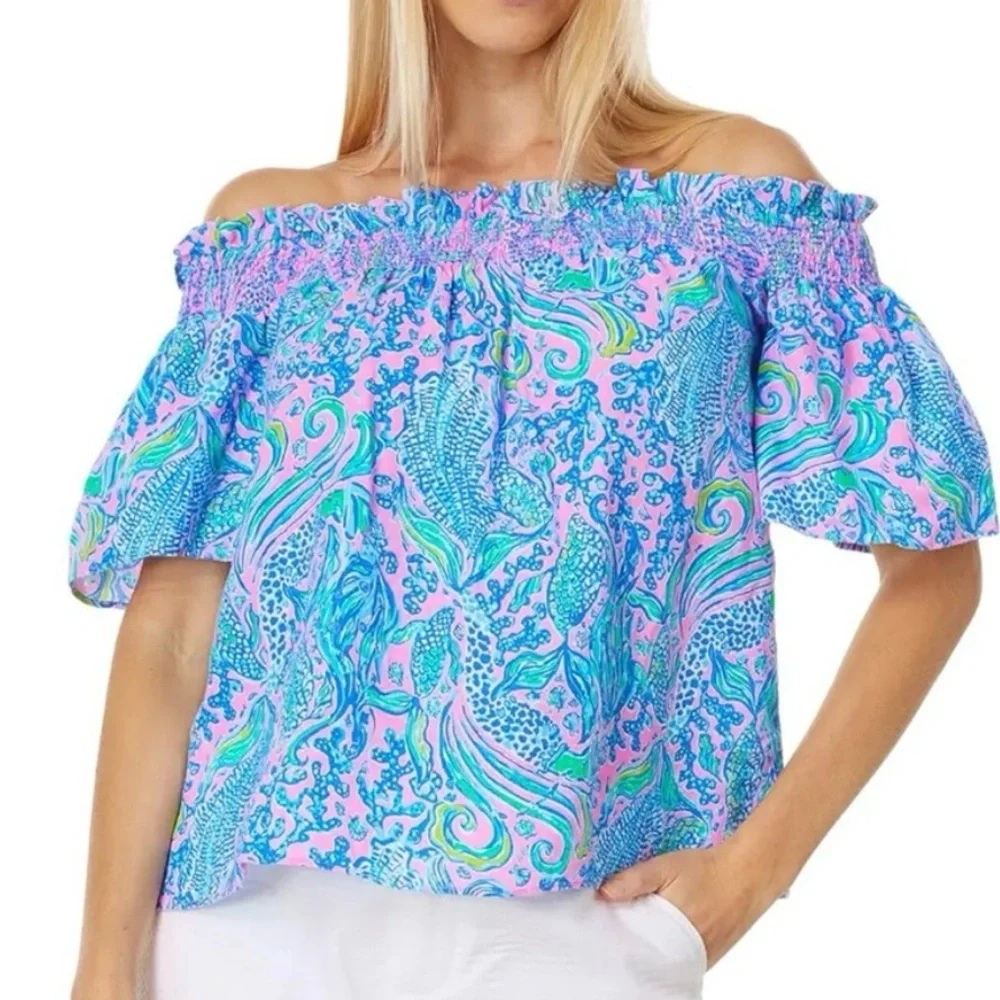 Lilly Pulitzer Leanne Off-the-Shoulder Top – XS 100% Linen MINT CONDITION